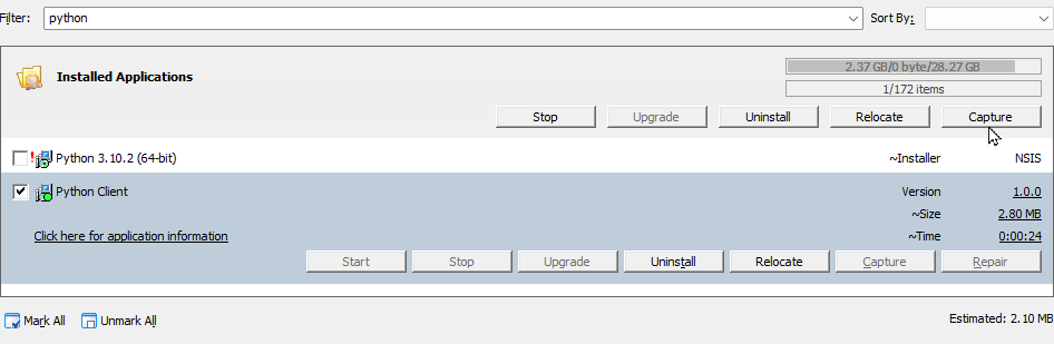 Capture single installed application.