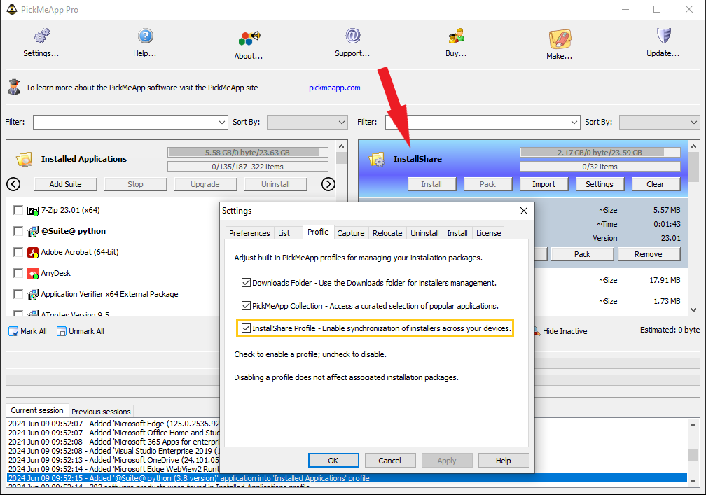 Enable Automatically install packages for InstallShare profile