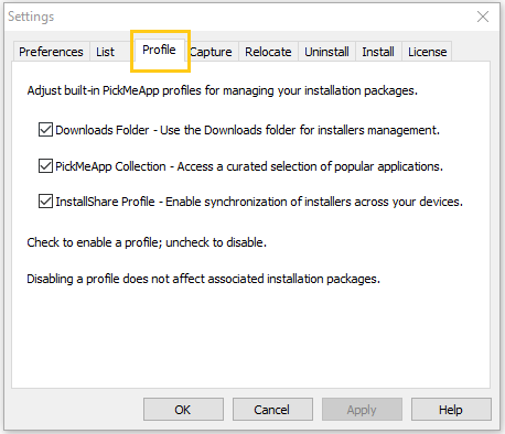 Profile Tab in Settings Dialog